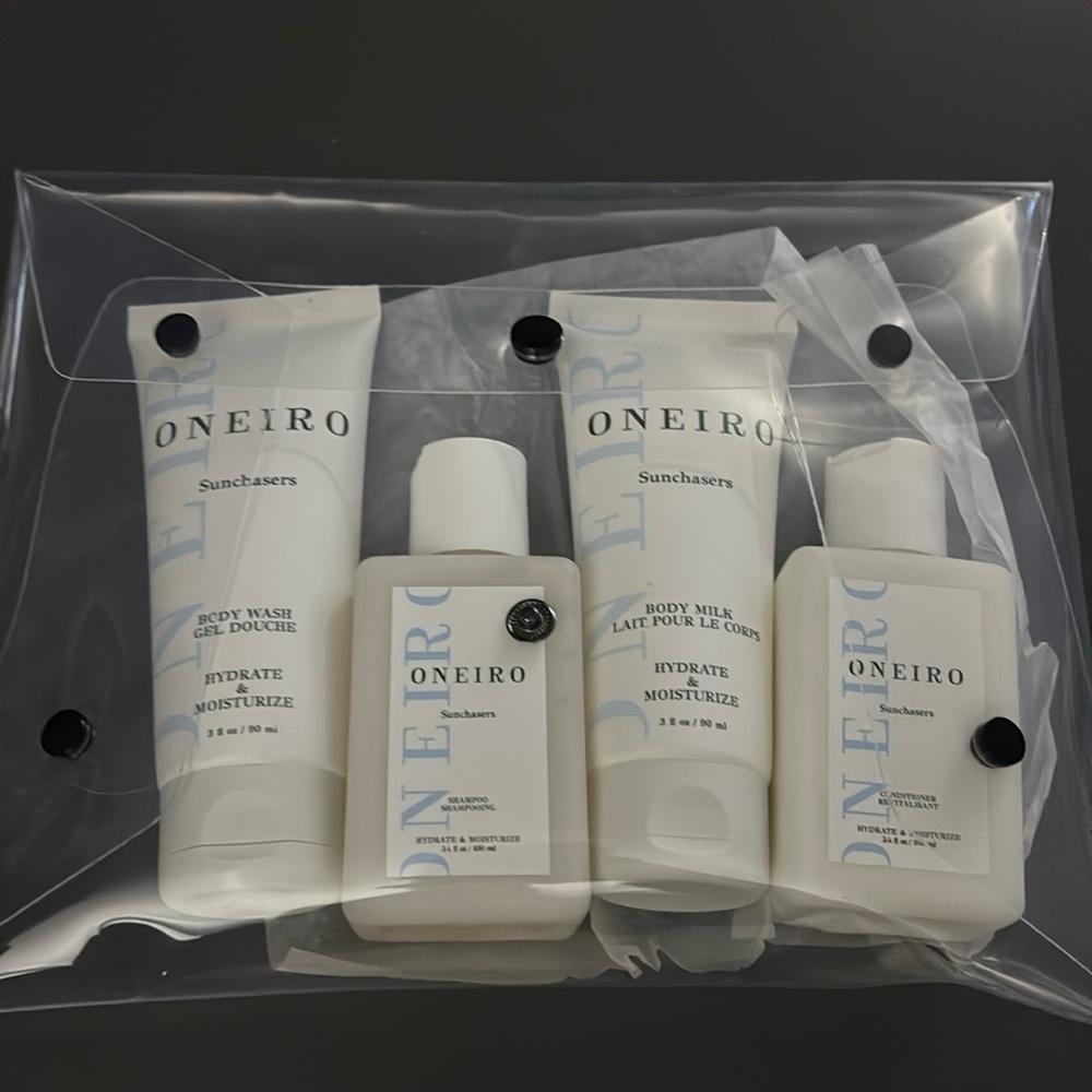 Oneiro Sunchasers 4 Piece Travel Set: Shampoo, Conditioner, Body Wash, Body Milk